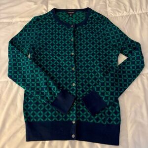 Lands' End Women's Teal and Navy Patterned Cardigan